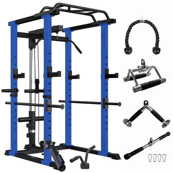 Multi-functional Power Cage 1000Lbs Capacity, Home Adjustable Pullup Squat Rack with Lat Pull-down, Steel Weight Rack for Strength Training, Black+Blue