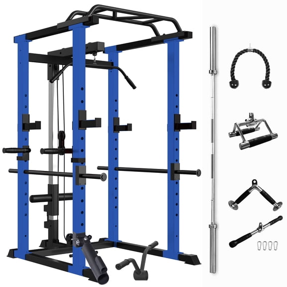 Multi-functional Power Cage Home Gym with 1000Lbs Capacity, Adjustable Pullup Squat Rack for Weightlifting, 7ft Olympic Bar Included, Black+Blue