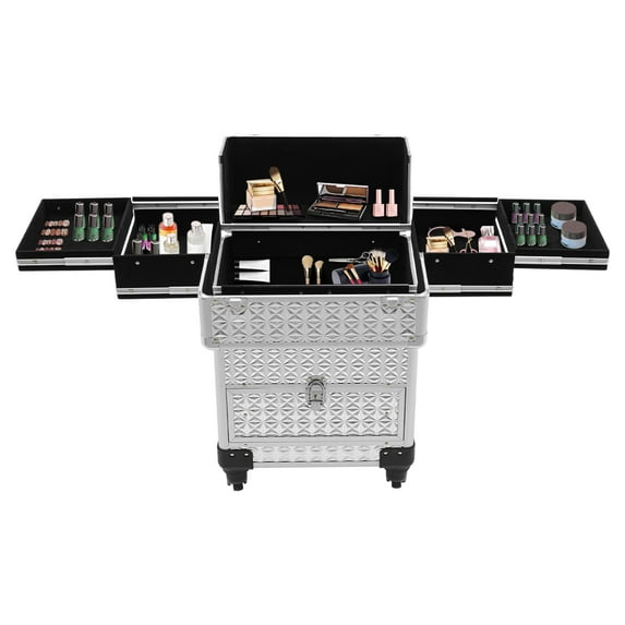 Multi-functional Rolling Makeup Case with Drawers, Cosmetic Trolley with Wheels and Keys, for Nail Technicians, Makeup Artist and Hairstylist