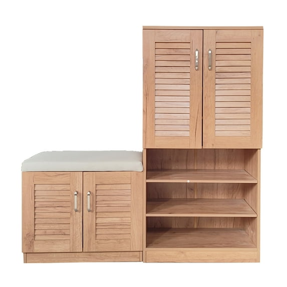 Multi functional Shoe Storage Cabinet with Bench & 7+3 Storage compartment, Adjustable layer board
, Shoe Bench with Cushion for Entryway, Freestanding Shoe Rack for Mudroom, Hallway,oak