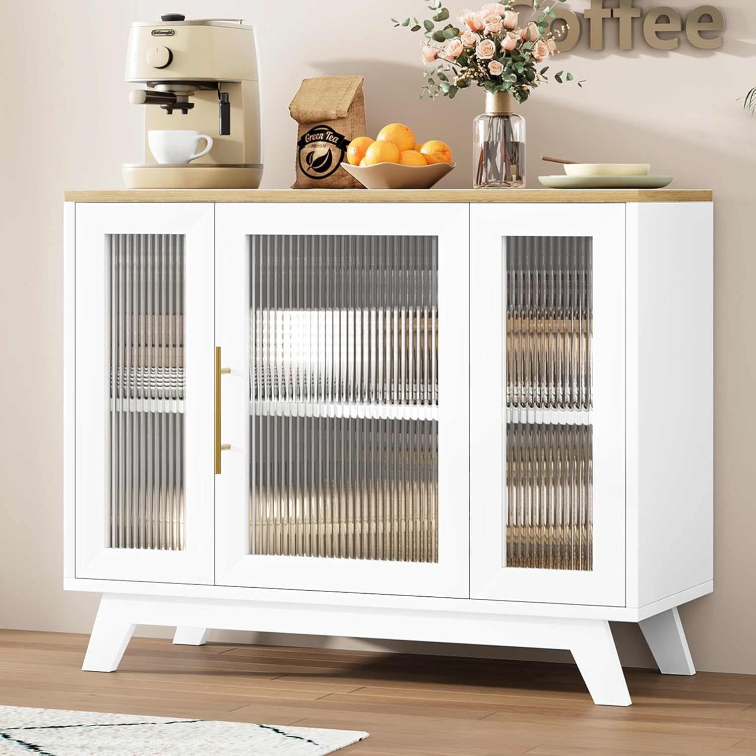 Multi-functional Sideboard Buffet Cabinet with Fluted Glass Door, 36 ...