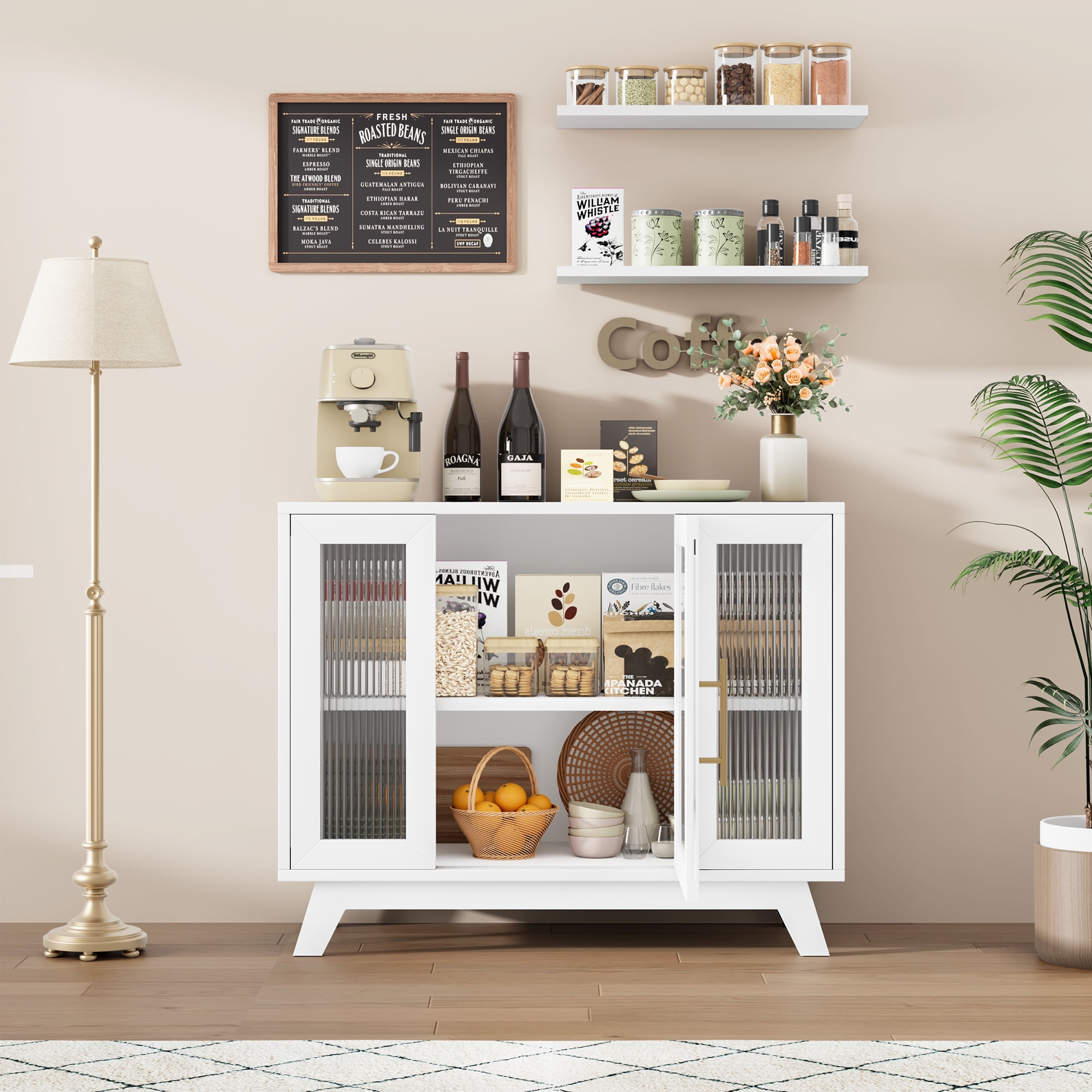 Multi-functional Sideboard Buffet Cabinet with Fluted Glass Door, 36 ...