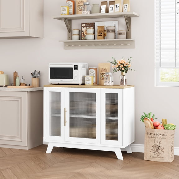 Multi-functional Sideboard Buffet Cabinet with Fluted Glass Door, 36" Modern Accent Storage Cabinet with 2-Tier Storage, White Coffee Bar Cabinet for Kitchen Dining Living Room