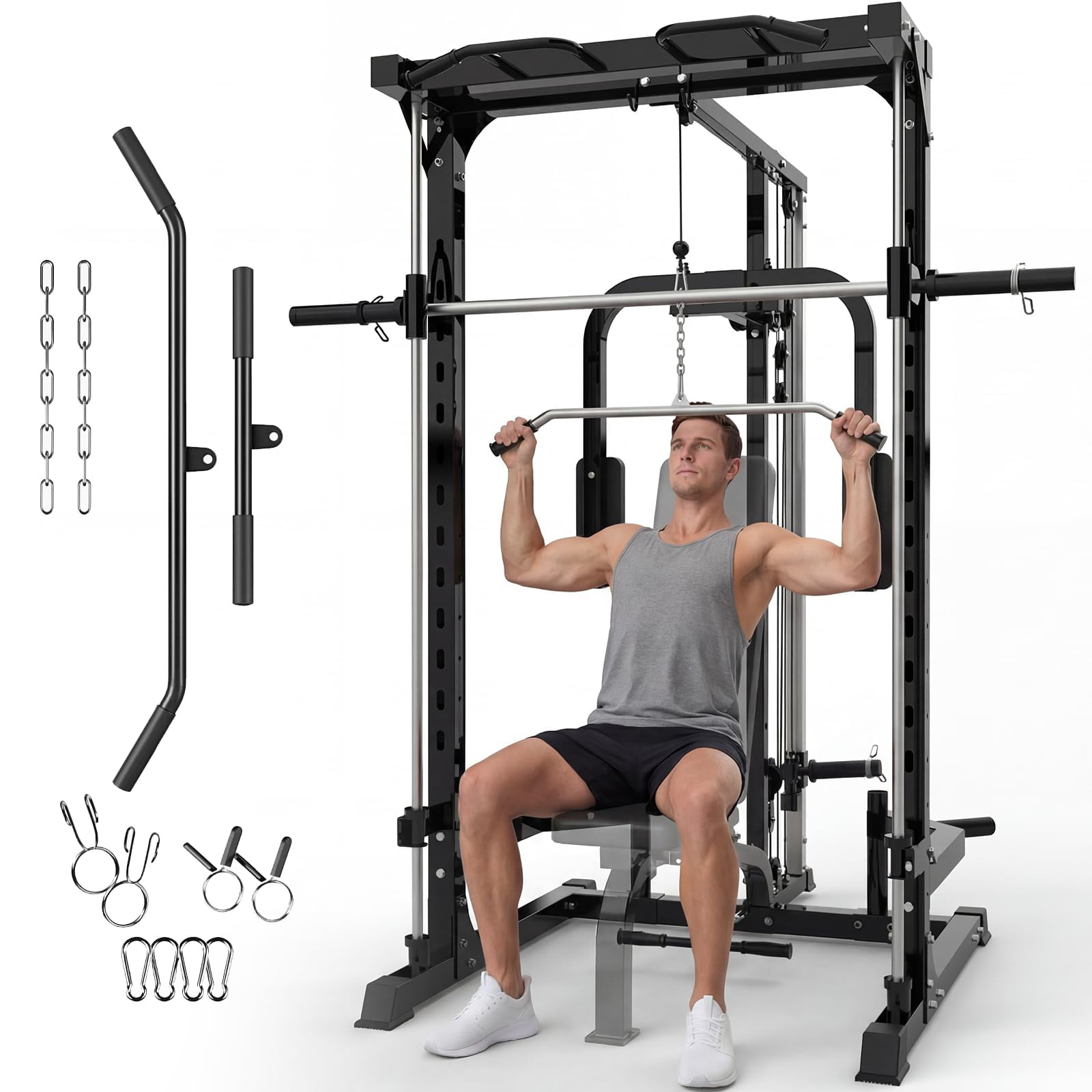 Multi-functional Smith Machine Power Cage Squat Rack – Heavy Duty Home Gym Equipment – Includes LAT Pulldown, Low Row, Pull-Ups & Bench Press – Black
