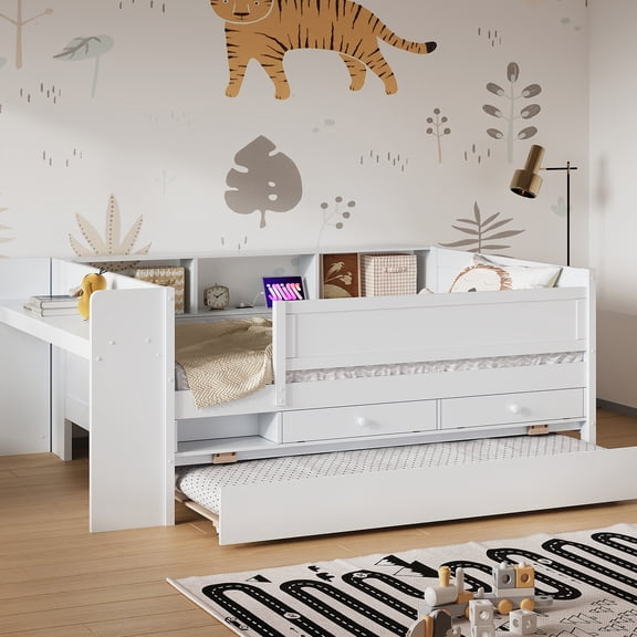 Multi-functional Twin Daybed With Drawers, Trundle, Headboard Storage, Tables & - White Glow Drawers And Tables,