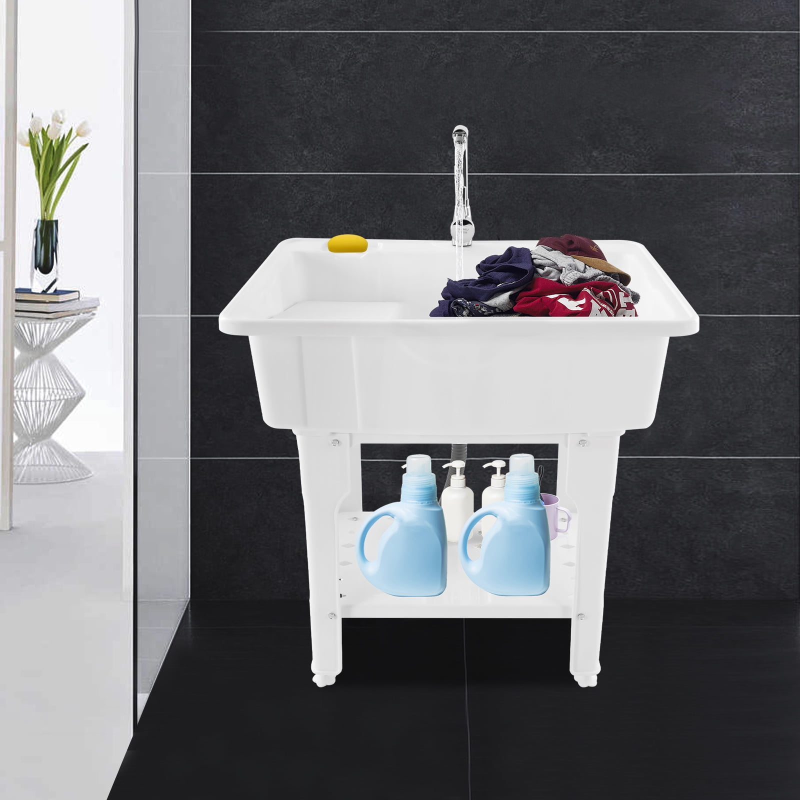 Multi-functional Utility Sink, 28x16.7x8.7in Wash Basin, Premium Plastic Material, Includes Removable Washboard and Storage Shelf, Modern White Design, Suitable for Garage, Balcony, and Outdoor Use