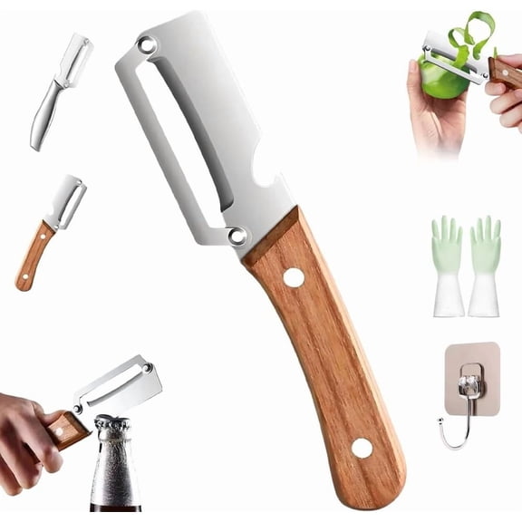Multi-functional Vegetable Peeler for Kitchen, Premium Grade Fruit and Vegetable Peeler, Stainless Steel Blade and Ergonomic Wood Handle with Bottle Opener for Fruit Veggie and Open Wine Bottles(b)