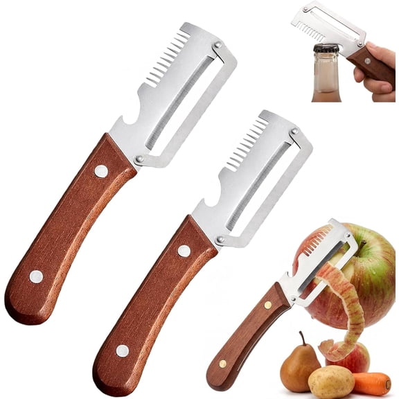 3-in-1 Multi Functional Vegetable Peeler, Wooden Handle Stainless Steel Fruit Peeler with Julienne Slicer & Bottle Opener