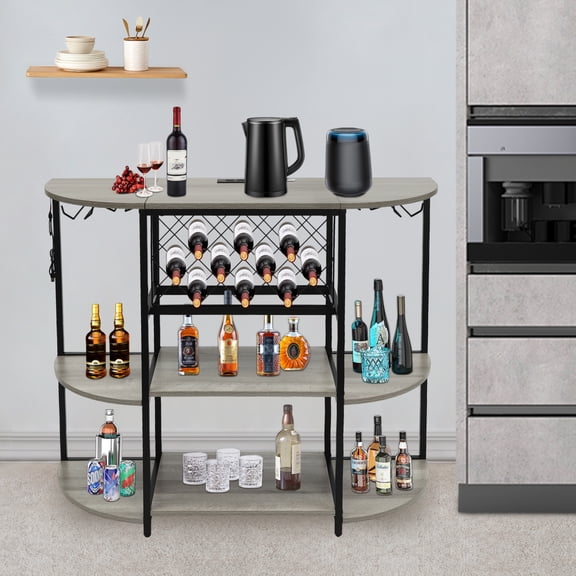 Multi-functional Wine Table with LED Lights, 10-Bottle Storage & Glass Racks, Includes 2 Sockets & 2 USB Ports, 80kg Load for Living Room & Bar