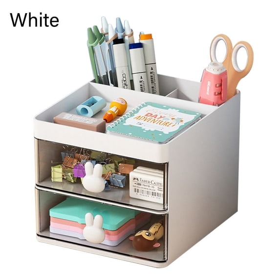 Multi-functional With Transparent Drawer Multiple Compartment Large Capacity Pen Container Pen Holder Stationery Storage Box Desktop Organizer WHITE