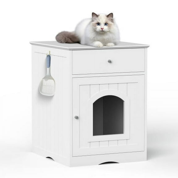 Unbranded 18.99'' Indoor Wooden Pet House Cat Litter Box Enclosure with Drawer, Pet Crate & Side Table - 18.9''×20.9''×25'' White