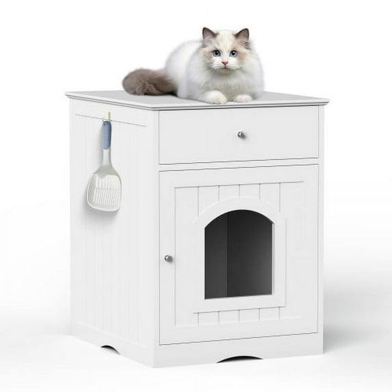 Unbranded 18.99'' Indoor Wooden Pet House Cat Litter Box Enclosure with Drawer, Pet Crate & Side Table - 18.9''×20.9''×25'' White