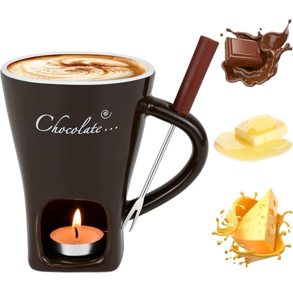 Multi functional ceramic chocolate hot pot cup set,fondue cup, portable and easy to use, suitable for candle heating, creative dessert tools, with fork Selection (Brown)