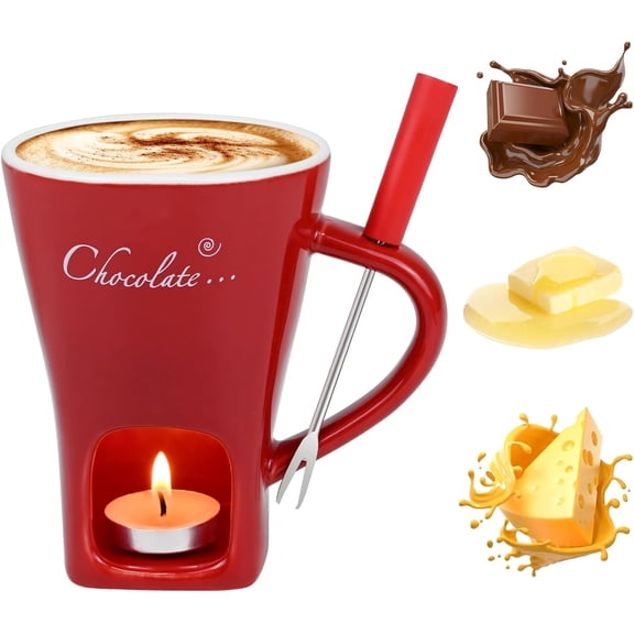 Multi functional ceramic chocolate hot pot cup set,fondue cup, portable and easy to use, suitable for candle heating, creative dessert tools, with fork Selection (Red)