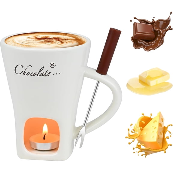 Multi functional ceramic chocolate hot pot cup set,fondue cup, portable and easy to use, suitable for candle heating, creative dessert tools, with fork Selection (White)
