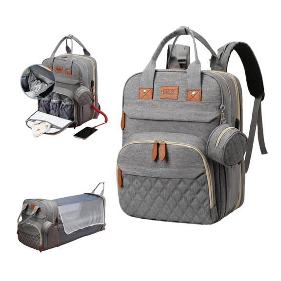 Multi-functional diaper backpack with changing pad, USB charging port, and foldable crib; large-capacity backpack, a must-have for baby travel, includes a sunshade, pacifier case, and stroller straps