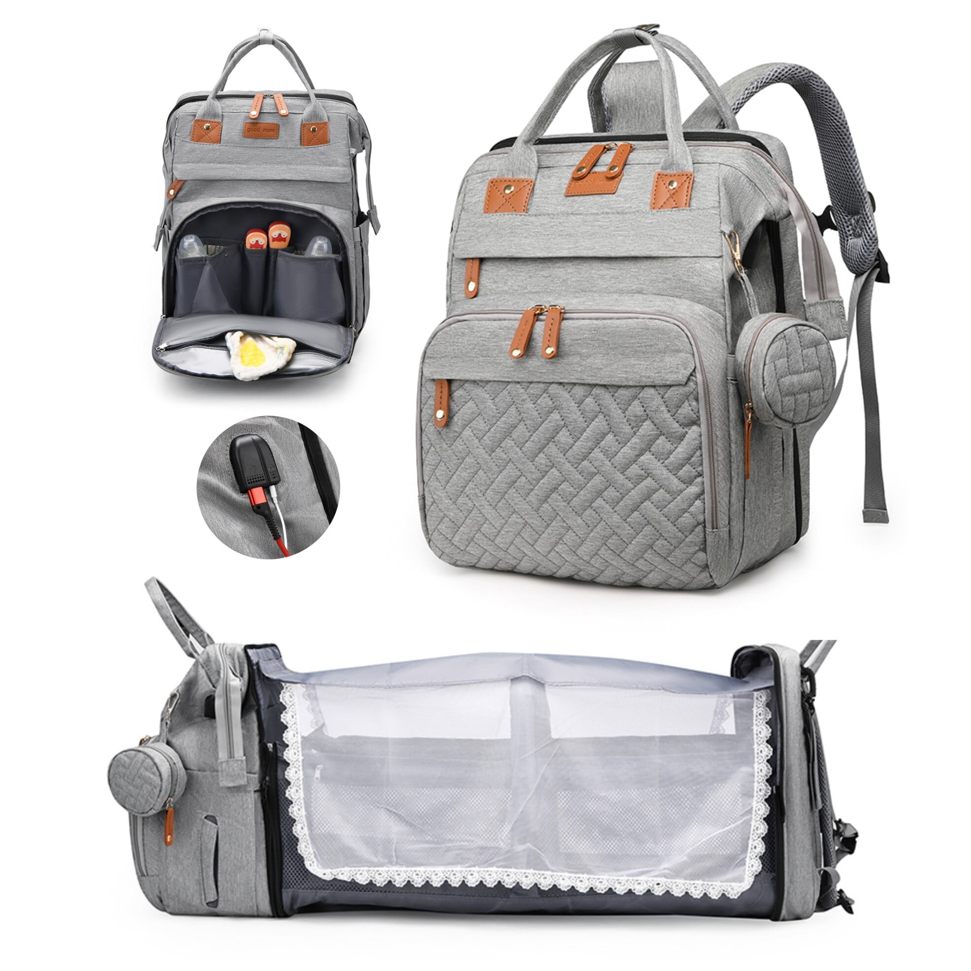 Multi-functional diaper backpack with changing pad, foldable crib, insulated bag, and USB charging port. A large-capacity travel bag suitable for parents, in gray.