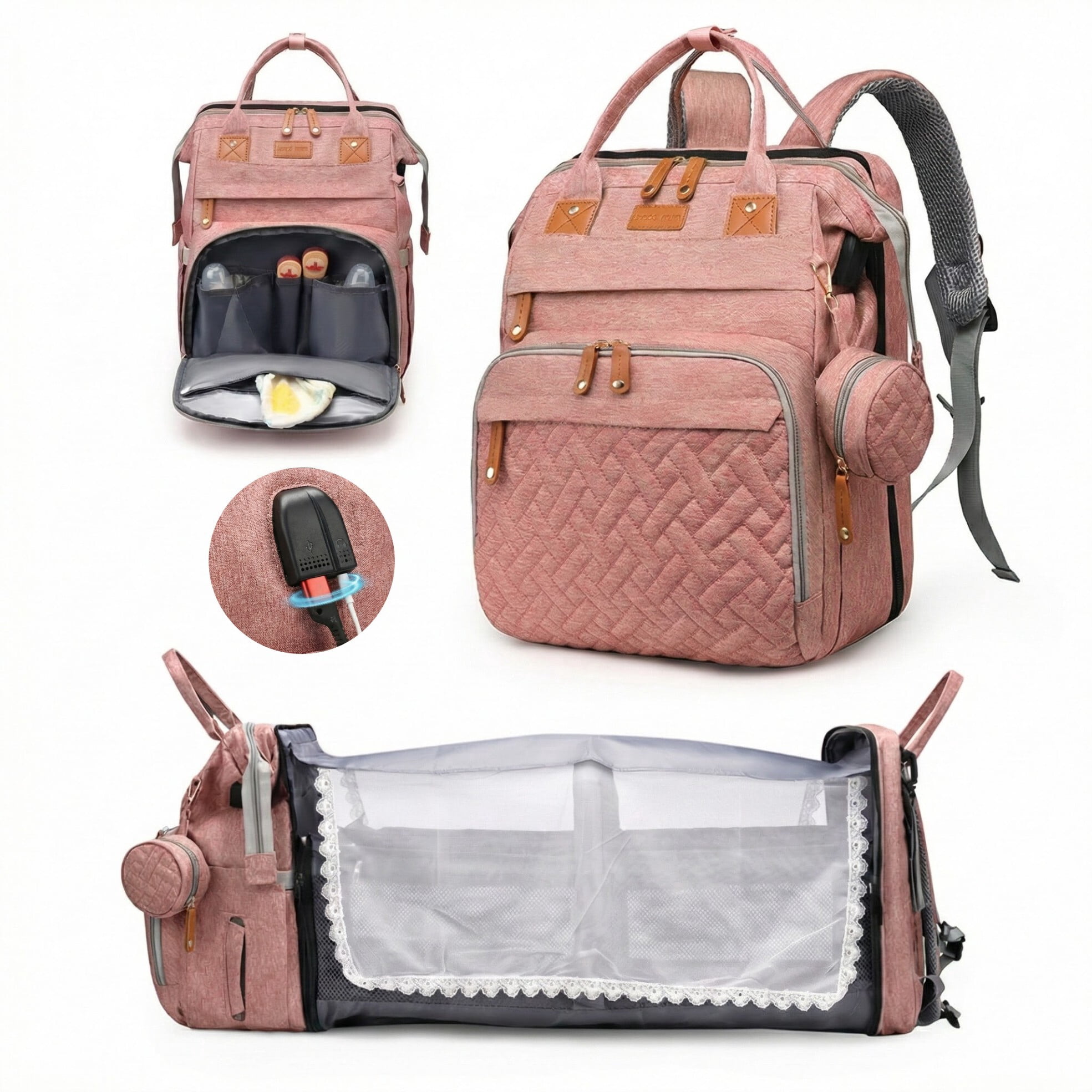 Multi-functional diaper backpack with changing pad, foldable crib, insulated bag, and USB charging port. A large-capacity travel bag suitable for parents, in pink.