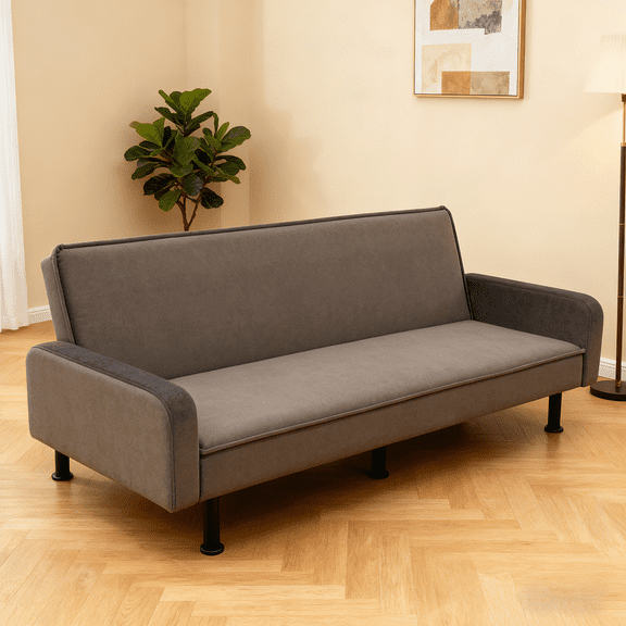 Multi functional folding sofa bed with camel colored fabric and solid wood frame, adjustable in multiple levels, suitable for both living rooms and small apartments