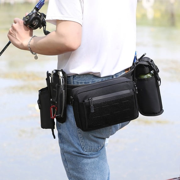 Multi-functional lure waist bag - camouflage fishing belt bag, suitable for stream and riverbank fishing, with fishing rod fixing