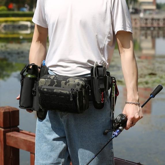 Multi-functional lure waist bag - camouflage fishing belt bag, suitable for stream and riverbank fishing, with fishing rod fixing