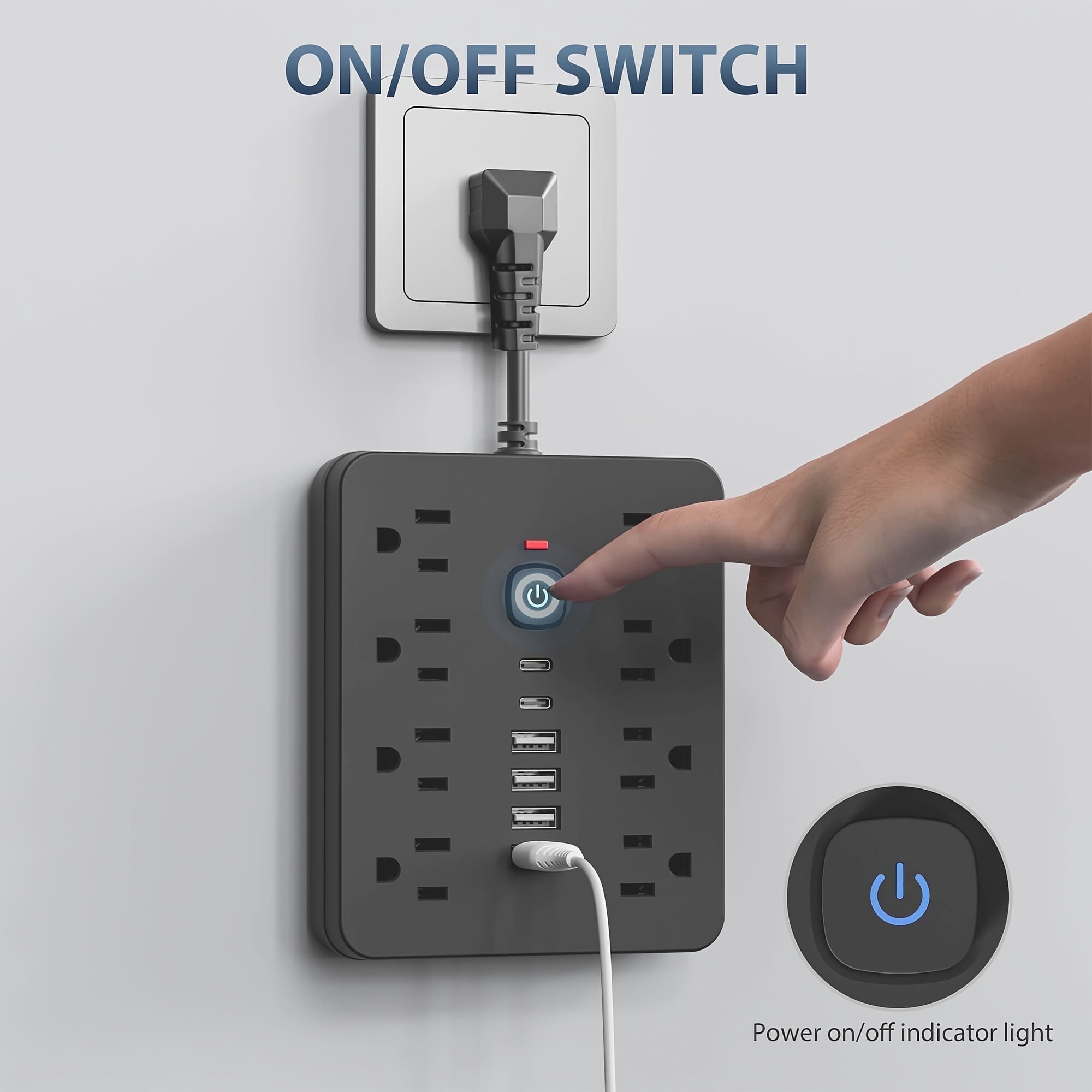 Multi functional socket with 8AC socket, 4USB, and 2 Type-C ports for power board surge protector
