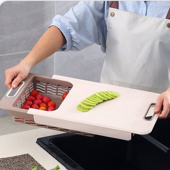 Multi functional telescopic cutting board,Post-meal tableware draining,Dish drain rack,tainless steel-Beige