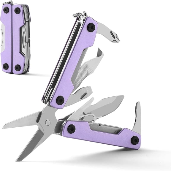 Multi-functional tool with a folding knife, 11-in-1 mini portable multi-tool, including a screwdriver, scissors, SIM card ejector, and bottle opener. Perfect for outdoor activities, hiking, and simpl