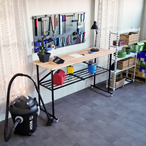 Multi-functional work desk, foldable workbench, adjustable height desktop utility table, with locking wheels, waterproof desktop with locking casters, suitable for garages and offices