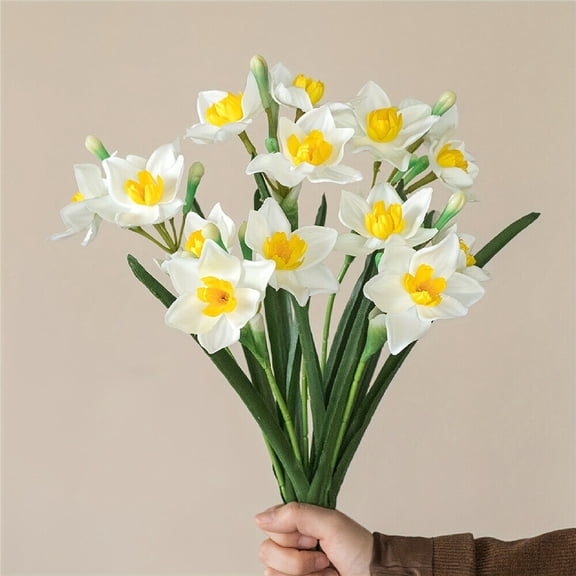 Multi-head Daffodil Simulation Flower Arrangement Silk Flower Dried Flower Arrangement-White&Yellow