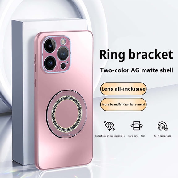 Multi-in-1 [KickStand+ Bling Ring Holder] for iPhone 16 Plus Case,Two-color Flash Ring Frosted Phone Back Design, Shockproof Anti-fall Anti-fingerprint Frame Protection Cover,Pink