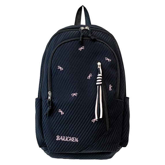 Nylon School Backpack, Lightweight Backpack with Bow Pendant, Spacious Trendy Backpack for Travel College Work, Black