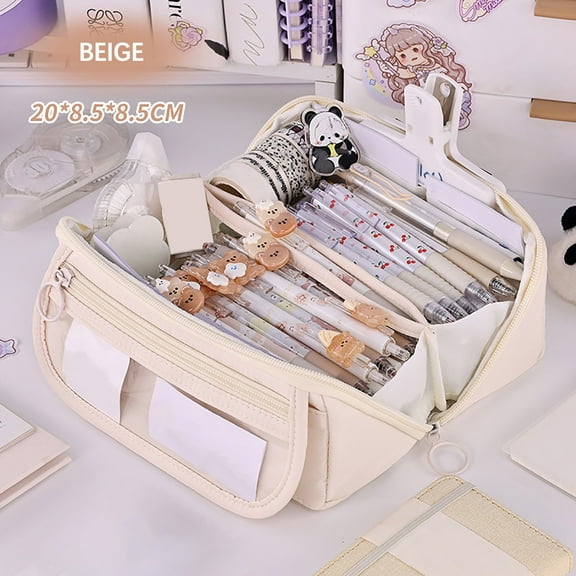 Multi-layer Cloth Pencil Case, Large Capacity Pen Pouch, Pen Stationery Organizer, Portable Art Supply Marker Storage Pencil Box for Office, Home, Travel(Beige)