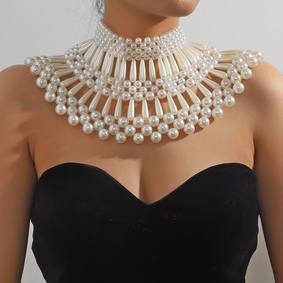 Multi-layer Faux Pearl Woven Bib Choker Luxury Beaded Body Chain