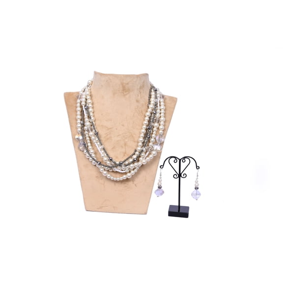De-Lemon Cream Pearl, Crystal & Silver Chain Multi-Layer Necklace & Earrings Set - Elegant Glamour