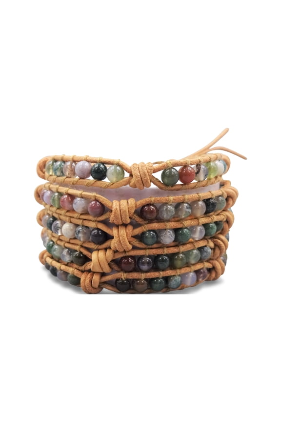 Multi-layer Hand Crafted Fancy Jasper AKA Indian Agate Stone Beaded on Genuine Leather Boho Style Leather Wrap Bracelet Super Wrap Bracelet 35" Long, up to 5 Wraps.