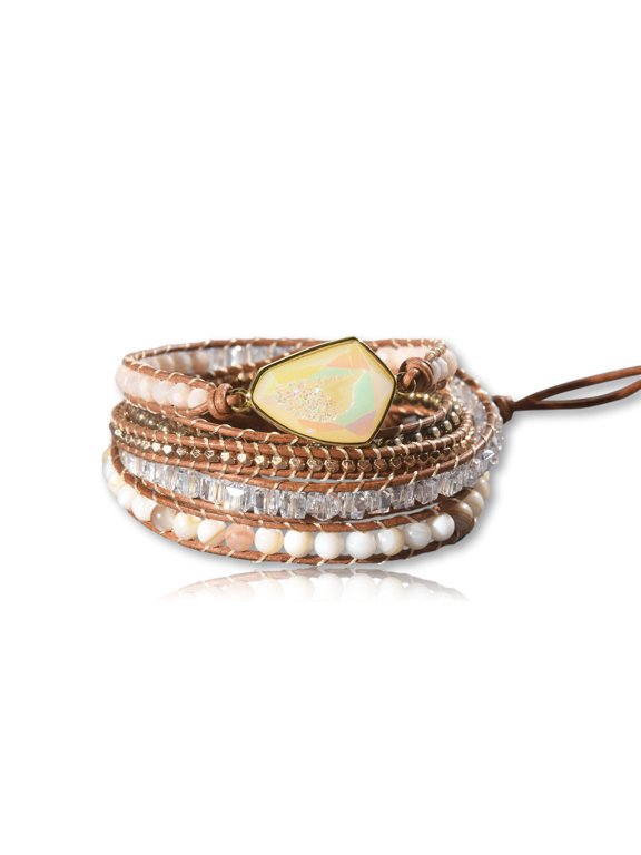 Multi-layer Handcrafted Beaded on Genuine Leather Boho Style Genuine Stone Super Wrap Bracelet 35" Long, up to 5 Wraps.