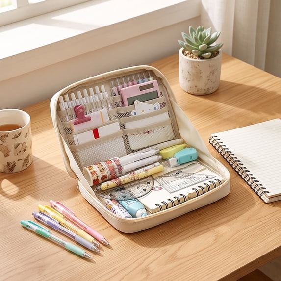 Multi-layer Transparent Pencil Pouch, Large Capacity Cloth Makeup Brush Bag, Multifunctional Stationery Storage Bag for Home Office Travel Hotel Daily Use