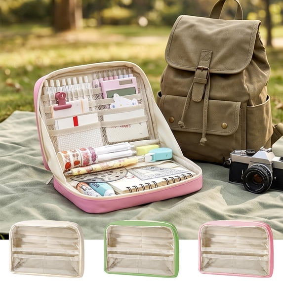 Multi-layer Transparent Pencil Pouch, Large Capacity Cloth Makeup Brush Bag, Multifunctional Stationery Storage Bag for Home Office Travel Hotel Daily Use