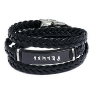 Multi-layer Wrap Leather Om Mani Padme Hum Sanskrit Prayer Bracelet, Mens Buddhist Blessing Mantra Six Word Engraved Wristband Tibetan Jewelry for Protection, Black