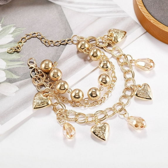 Womens Heart Pendant Bracelet Multi-Layer Round Bead Chain Alloy Electroplated Gold Heart Shape Bracelet Jewelry for