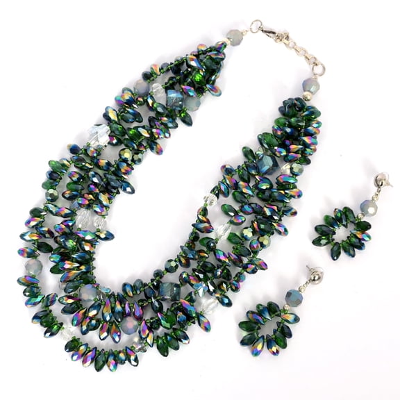 De-Lemon Iridescent Green Glass Bead Multi-Strand Necklace & Earrings Set - Dramatic Cascade