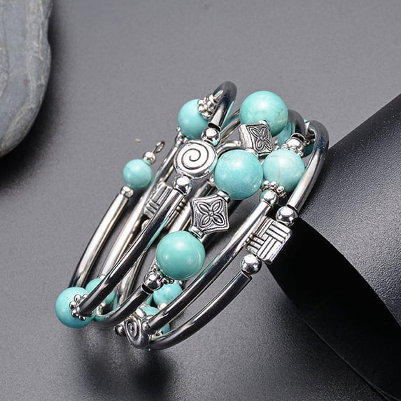 Multi-layered Faux Turquoise Bracelet Different Charms Luster Polished Alloy Vintage Style Adjustable Bangle Gift for Anniversary Birthday
