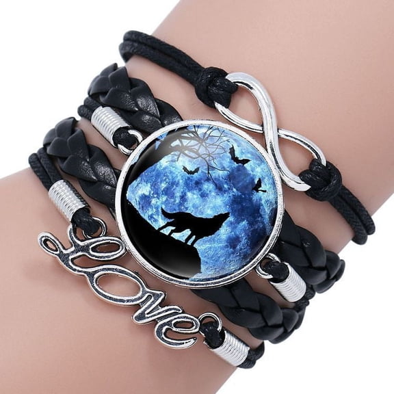 Women's Leather Wolf Bracelet with Crystal Gemstones and European Charms Multi-Layered Adjustable Fashion Jewelry for