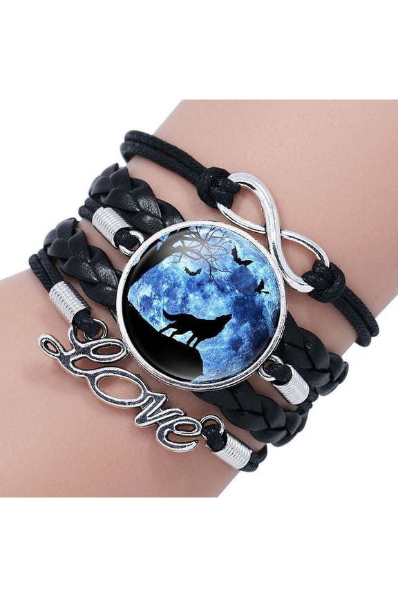 Women's Leather Wolf Bracelet with Crystal Gemstones and European Charms Multi-Layered Adjustable Fashion Jewelry for