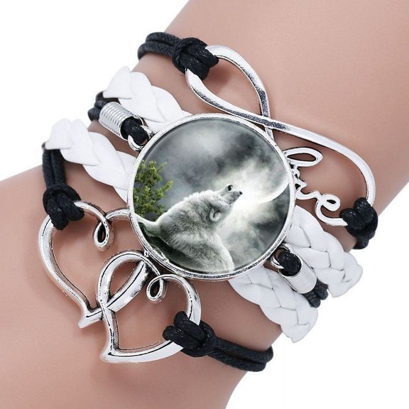 Women's Leather Wolf Bracelet with Crystal Gemstones and European Charms Multi-Layered Adjustable Fashion Jewelry for