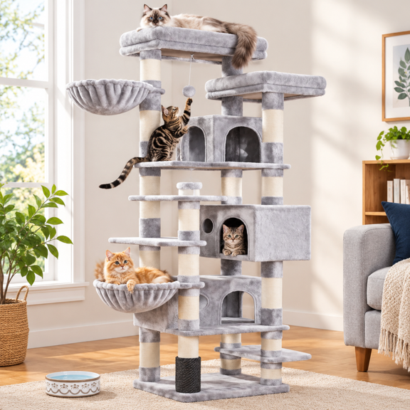 Multi-level Cat Tower with 3 Condos, Sisal Posts, Light Gray