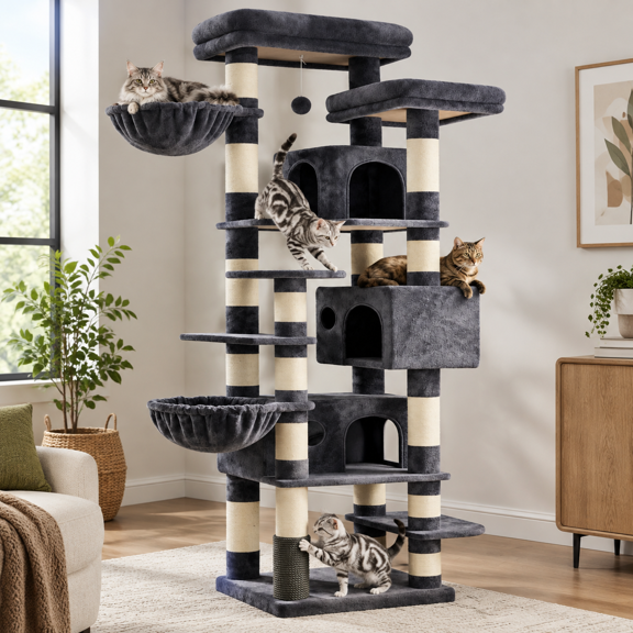 Multi-level Cat Tree Tower with 3 Condos, Smoky Gray, 20 x 16.85 x 14.02 Inch
