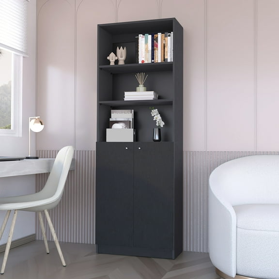 Black Multi-level Shelved Bookcase With Double Door Design - Suits Modern Decor Style And Multiple Shelves Ideal For Contemporary Space Saving