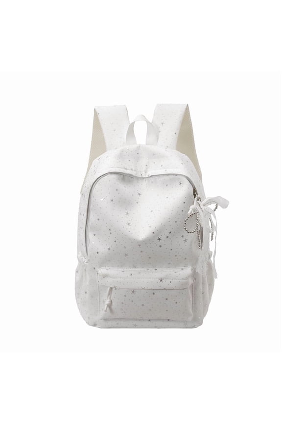 Multi-pocket Bookbag 15.75 Inch Canvas Star Design Laptop Compatible With Pendant for College Commute (White)